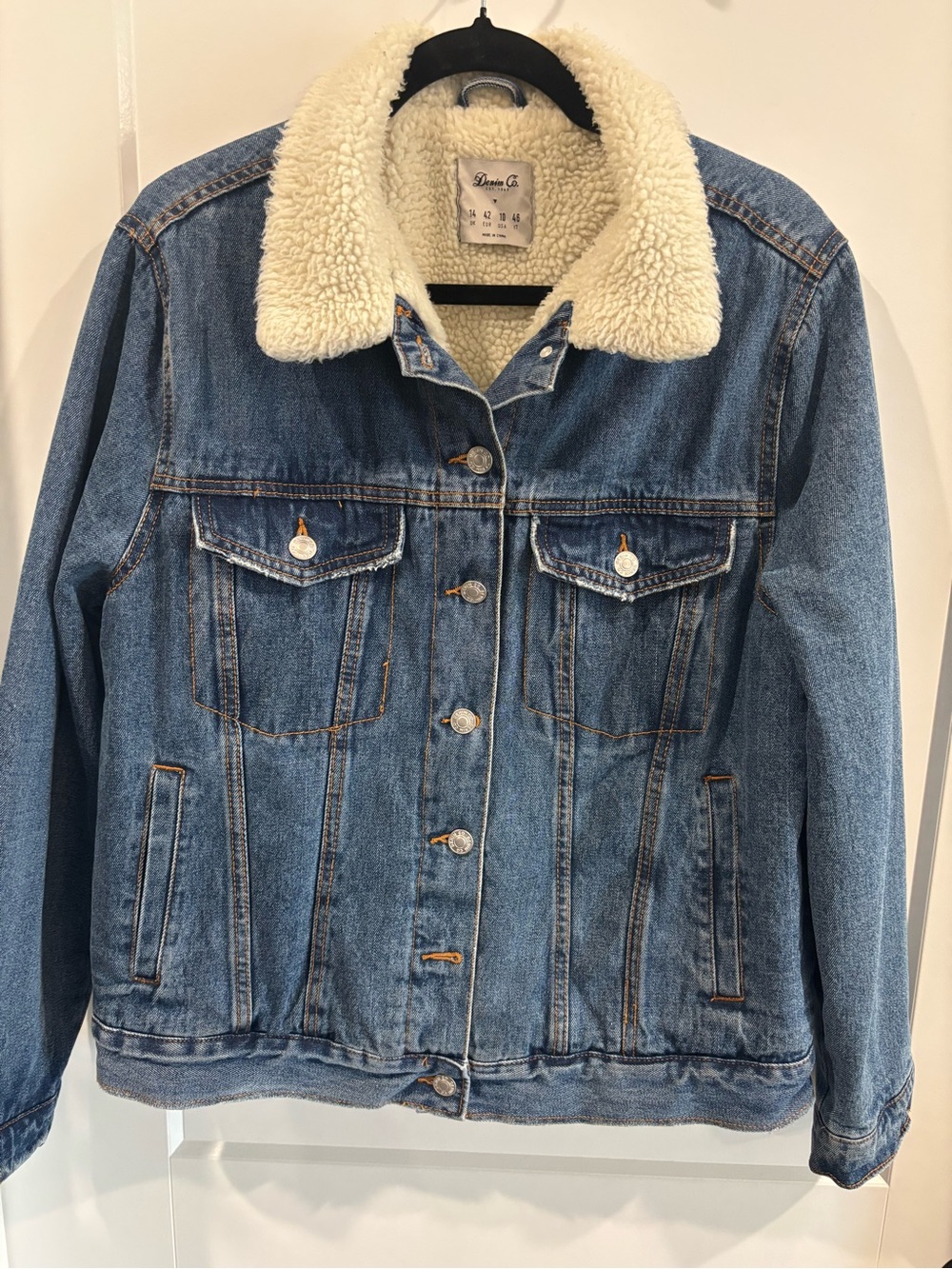 WOMENS Denim & CO. Sherpa-Lined Denim Jacket medium blue snaps on front SZ 14 - Picture 2 of 10